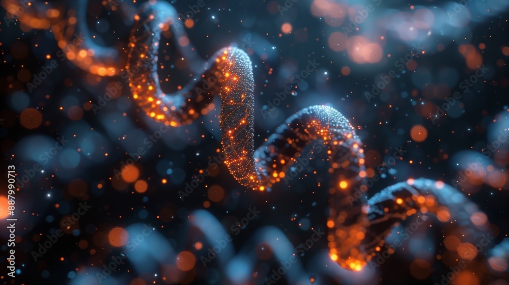Digital image of a glowing double helix structure, possibly DNA, in orange-red on dark background with blue and orange bokeh. Digital image of a glowing double helix structure, possibly DNA, in orange-red on dark background with blue and orange bokeh.
