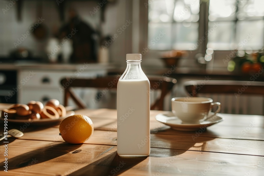 Blank milk carton on a kitchen table with a morning breakfast setting Blank milk carton on a kitchen table with a morning breakfast setting