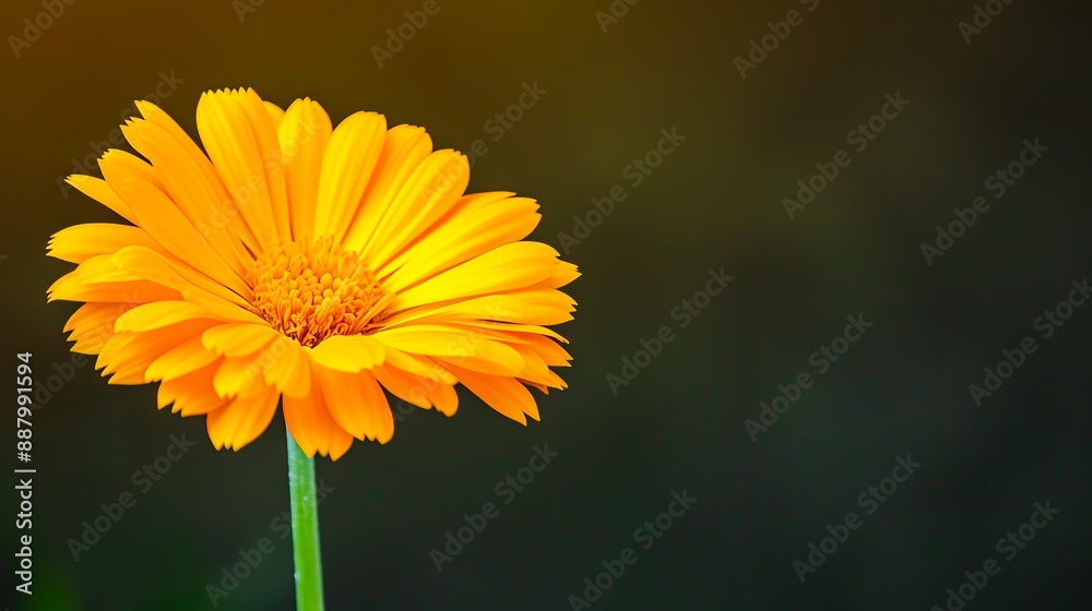 A single orange flower is standing in front of a dark background. A single orange flower is standing in front of a dark background.