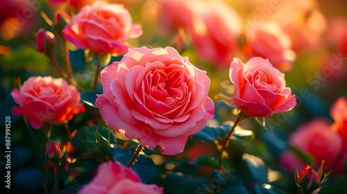 Pink roses in the sunlight.