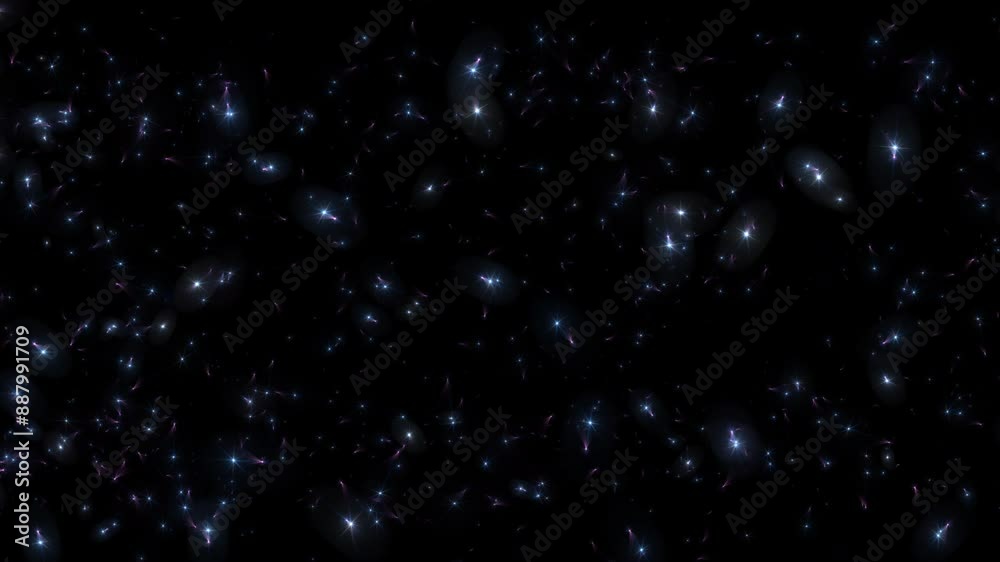 Loop glow pink blue stars particles flowing from left to right animation on black abstract background. Animation of fiery white blue pink glowing flying ember burning ash particles