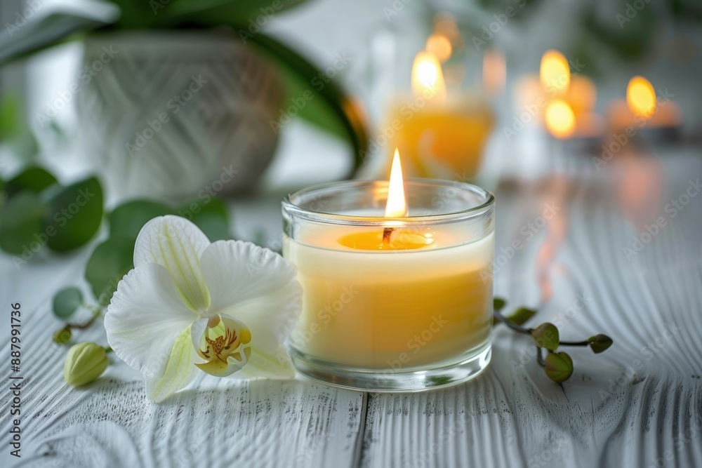 Spa theme with candle and orchid on white wood. Spa theme with candle and orchid on white wood.
