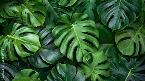 Green jungle background. Tropical monstera plant leaves.