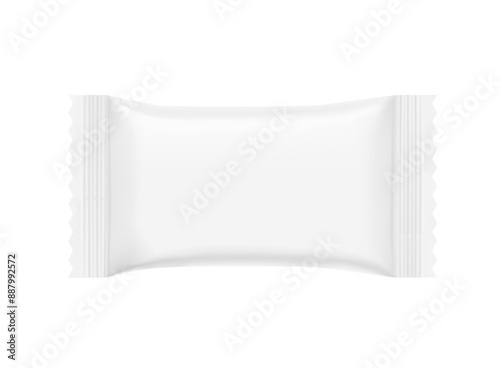 Realistic flow packaging mockup for bars, candies, waffles. Front side. Vector illustration on white background. Easy to use for presentation your product, idea, design. EPS10.