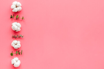 Flowers border with green eucalyptus branches and dry cotton flowers on pink background top view space for text.