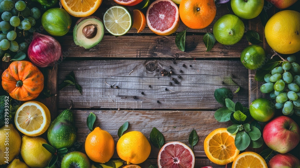 Top view of healthy organic fruits and vegetables artfully arranged on rustic wooden boards for a vibrant display. Top view of healthy organic fruits and vegetables artfully arranged on rustic wooden boards for a vibrant display.