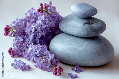 Spa  Spa  Spa  Spa stones and lilac flower  isolated on white background.  Spa  Spa 