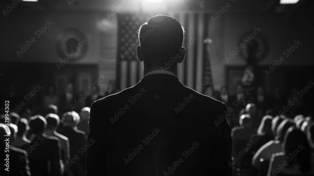 Fototapeta premium Black and White Cinematic Shot of a Speaker at a Presidential Event