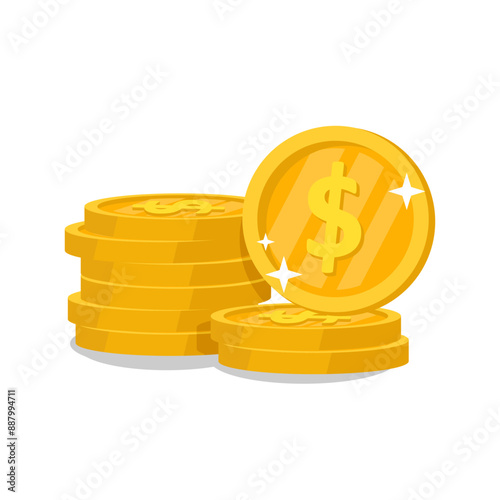 Stack of golden dollar coins isolated on white background. Vector illustration