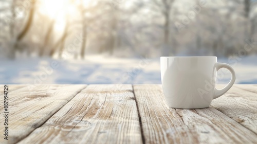 Serene Winter Moment with Coffee Cup on a Weathered Wooden Table