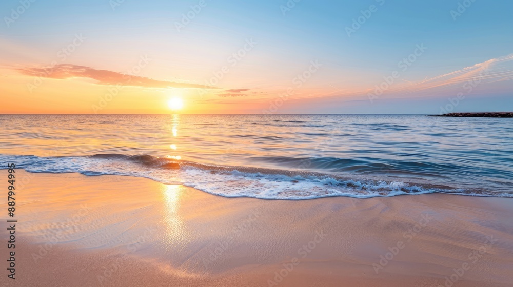 Fototapeta premium Serene Sunset Beach with Red and White Striped Towel