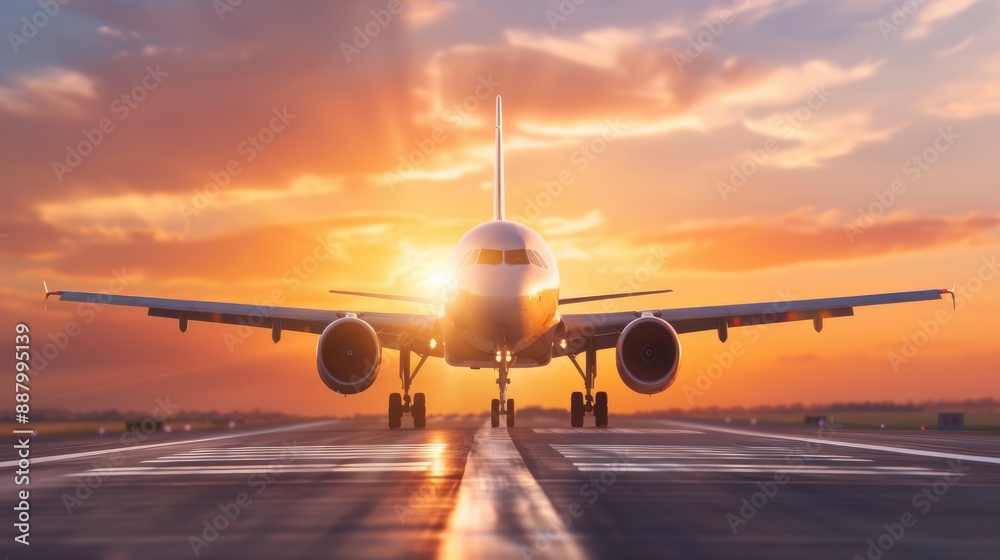 Obraz premium Sunset at the Airport with Boeing Aircraft on Runway