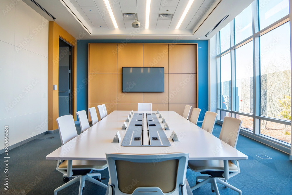 Table and chairs in conference room with modern interior with large windows letting in light, Generative AI Table and chairs in conference room with modern interior with large windows letting in light, Generative AI