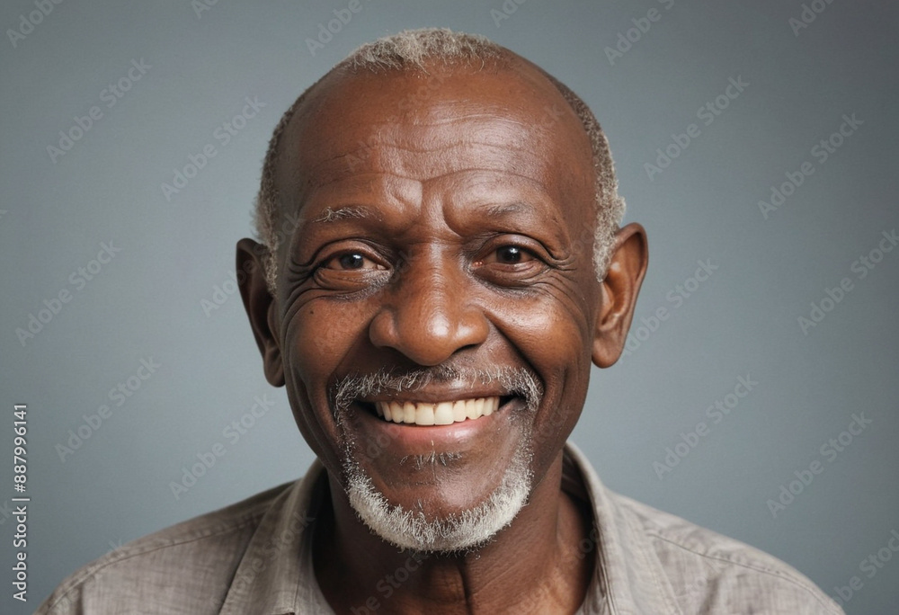 Portrait view of a regular happy smiling Guinea old man, ultra realistic, candid, social media, avatar image, plain solid background