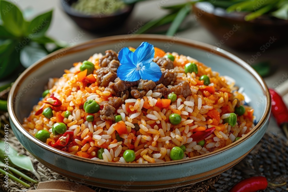 Traditional Malaysian dish with blue rice from butterfly pea flowers. Traditional Malaysian dish with blue rice from butterfly pea flowers.