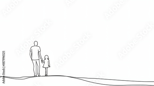 Father and Daughter Walking: Black Line Drawing on Plain Backdrop.