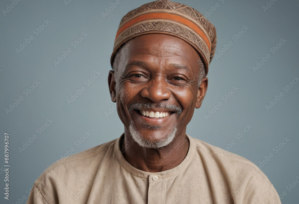 Portrait view of a regular happy smiling Niger old man, ultra realistic, candid, social media, avatar image, plain solid background Portrait view of a regular happy smiling Niger old man, ultra realistic, candid, social media, avatar image, plain solid background