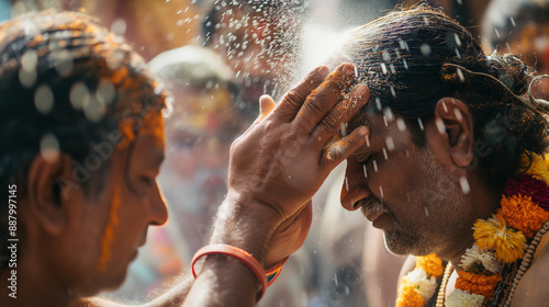 Devotees applying holy ash to their foreheads, symbolic and pure, right third copy space photo