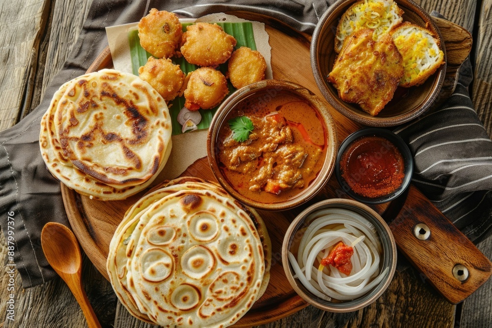 Top view of roti canai  teh tarik and curry