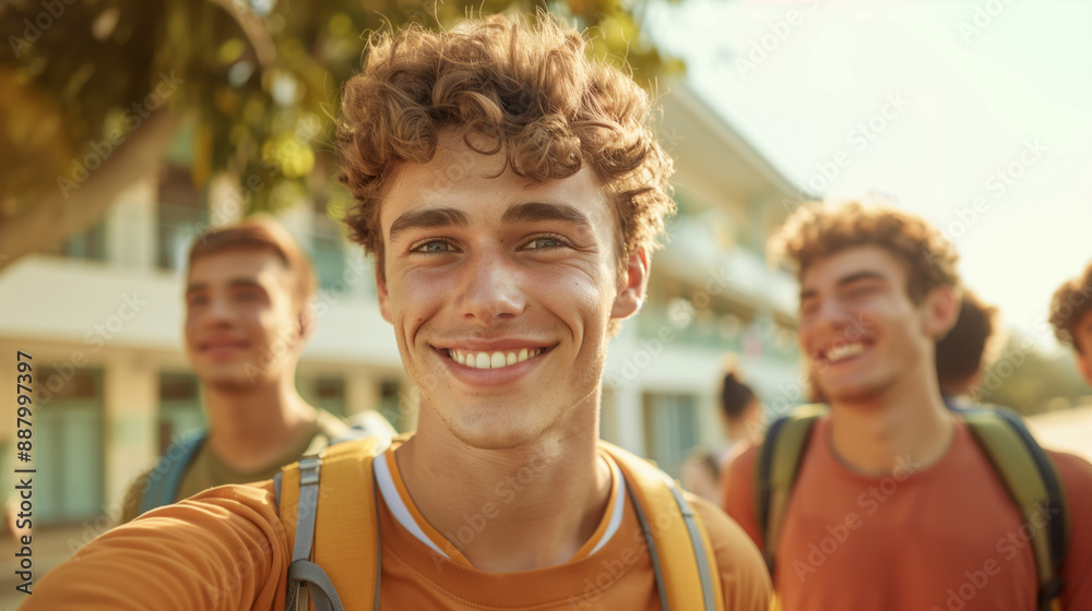 Happy group of freshmen taking a selfie on their first day of college Happy group of freshmen taking a selfie on their first day of college