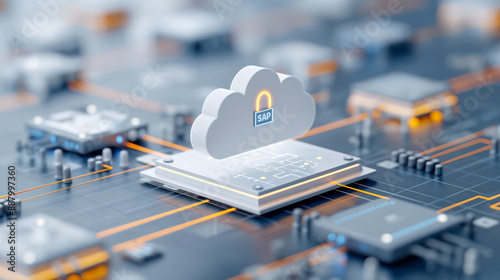 3D illustration of a cloud icon with the SAP and a glowing padlock, positioned on a microchip. background features interconnected circuits and components, cloud security and data protection technology