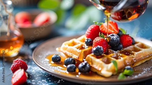 Warm, fluffy Belgian waffles with maple syrup and berries