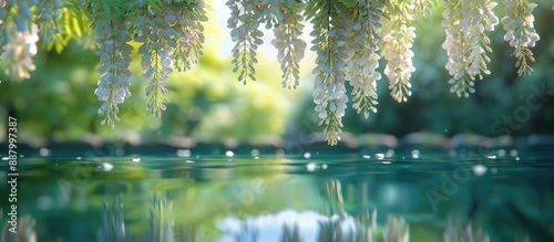 Scenic view of Great White wisteria blossom tree reflected in pool with copy space image photo