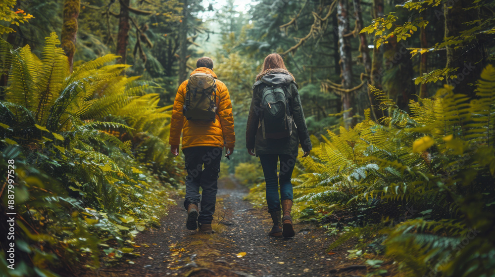 Two hikers walking through a lush, green forest trail surrounded by ferns and trees in a peaceful outdoor setting. Two hikers walking through a lush, green forest trail surrounded by ferns and trees in a peaceful outdoor setting.