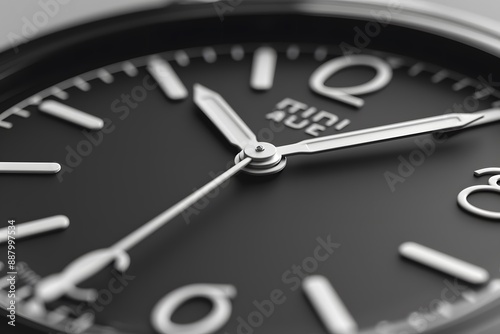 Close-Up of a Stylish Black Watch Face with Silver Hands and Numerals