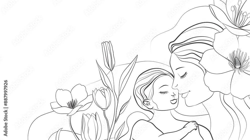 Mother's Day Black Line Drawing with Clean Lines on Plain Backdrop.
Mother's Day Black Line Drawing with Clean Lines on Plain Backdrop.