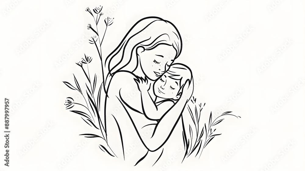 Mother's Day Black Line Drawing with Clean Lines on Plain Backdrop.
Mother's Day Black Line Drawing with Clean Lines on Plain Backdrop.