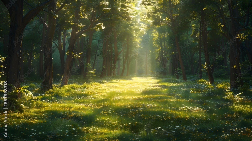 Sunlit Forest Path with Lush Greenery and Wildflowers Sunlit Forest Path with Lush Greenery and Wildflowers