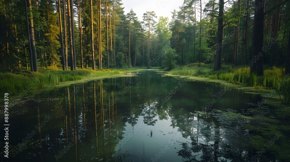 Serene Forest Pond Reflecting Tall Pine Trees at Sunset Serene Forest Pond Reflecting Tall Pine Trees at Sunset