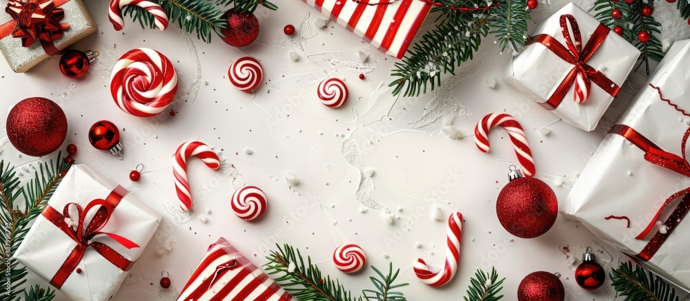 Table set with various Christmas presents red and white candy and green branches of a Christmas tree for a flat lay arrangement with available copy space image Table set with various Christmas presents red and white candy and green branches of a Christmas tree for a flat lay arrangement with available copy space image