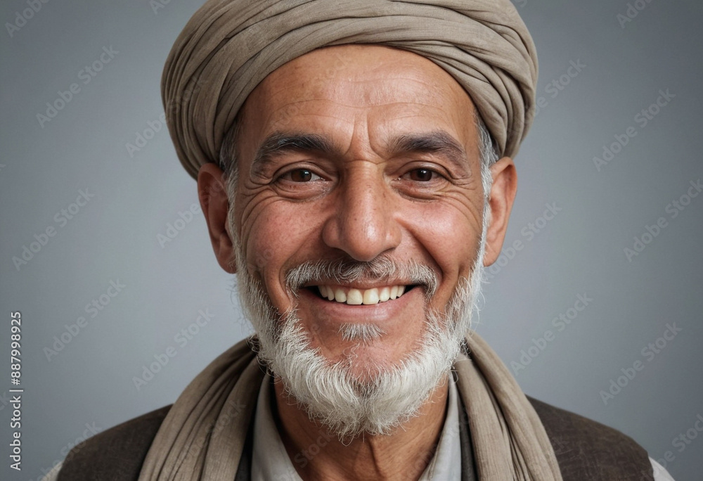 Portrait view of a regular happy smiling Afghanistan old man, ultra realistic, candid, social media, avatar image, plain solid background Portrait view of a regular happy smiling Afghanistan old man, ultra realistic, candid, social media, avatar image, plain solid background