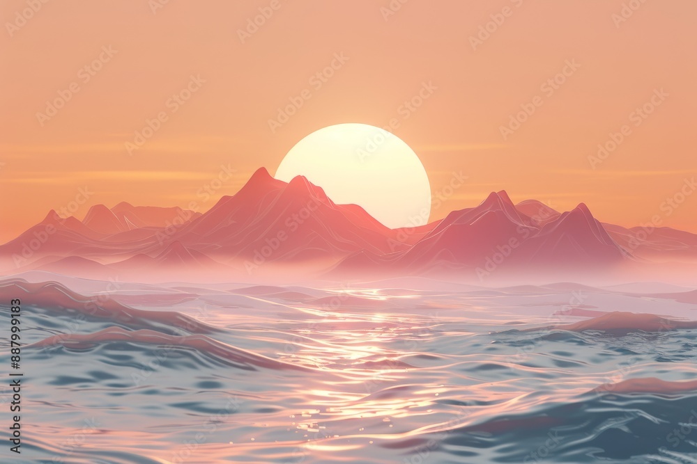 Fototapeta premium Scenic sunset over ocean waves, symbolizing tranquility and natural beauty, set against a light background.