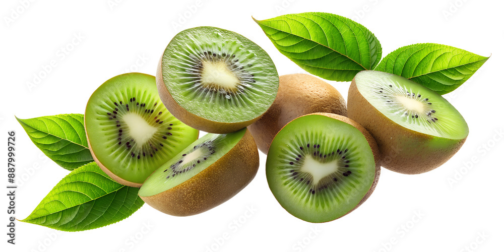 Fototapeta premium Kiwi Fruit Slice Floating with Green Leaves in the Air, Cut Out.