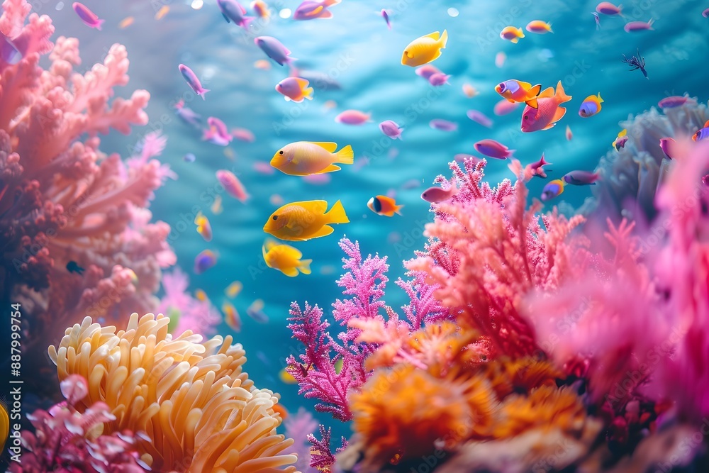 Fototapeta premium Vibrant Underwater Coral Reef Teeming with Colorful Fish