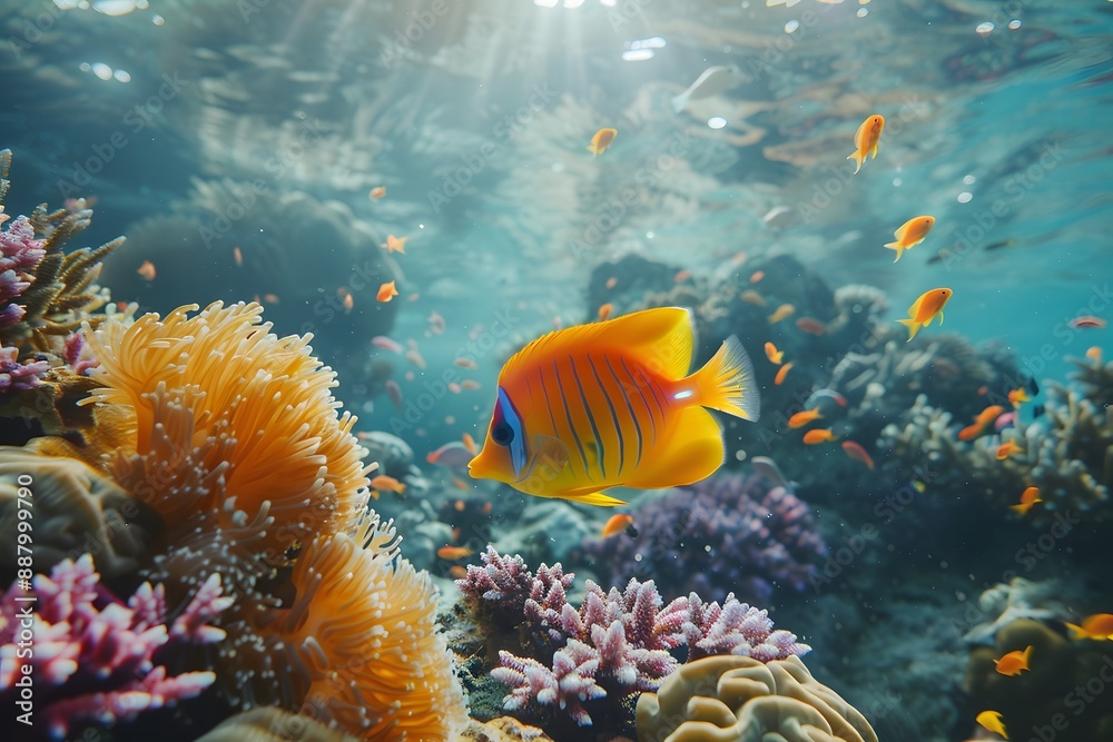 Naklejka premium Vibrant Underwater Scene with Colorful Fish and Coral Reefs