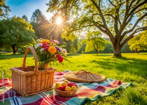 Colorful blanket spread with wicker basket, flowers, and outdoor games, nestled under a shading tree, surrounded by lush green grass and sunny sky. photo