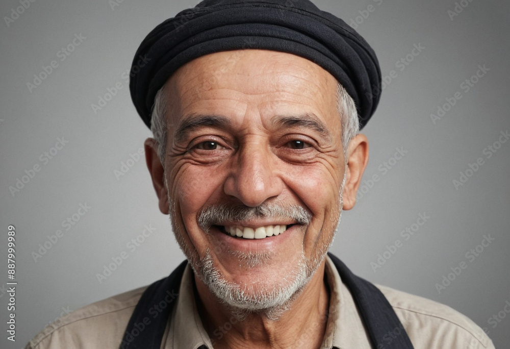 Portrait view of a regular happy smiling Iraq old man, ultra realistic, candid, social media, avatar image, plain solid background Portrait view of a regular happy smiling Iraq old man, ultra realistic, candid, social media, avatar image, plain solid background