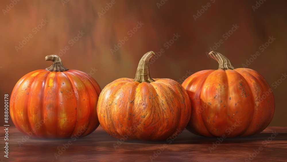 Three Pumpkins on a Wooden Surface