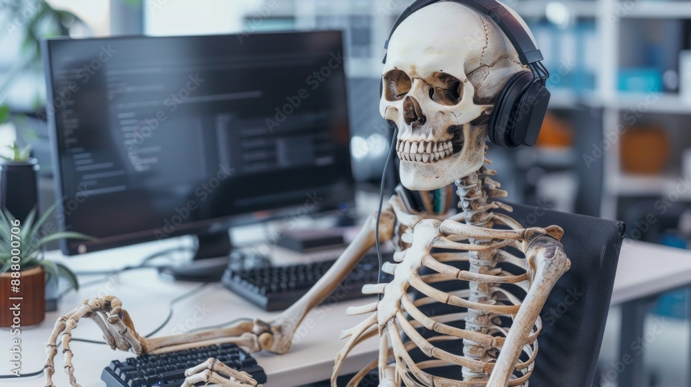 A skeleton is sitting at a desk with a computer and headphones on A skeleton is sitting at a desk with a computer and headphones on