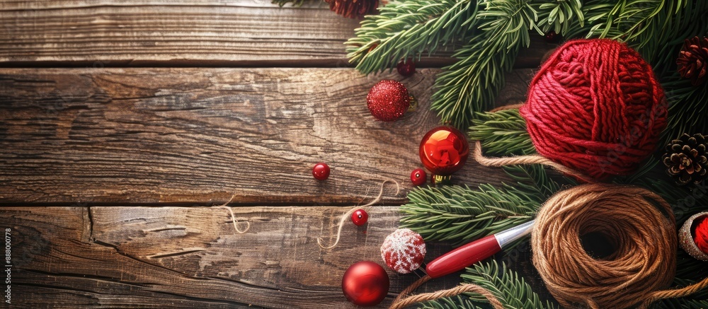 Christmas themed crafts and knitting patterns displayed on a wooden background with copy space image Christmas themed crafts and knitting patterns displayed on a wooden background with copy space image