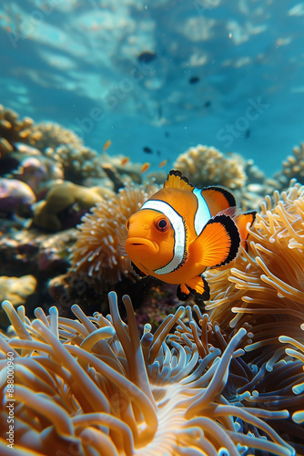 vibrant clownfish swimming among colorful coral reefs in clear blue ocean, stunning underwater marine life photography, tropical sea, aquatic ecosystem