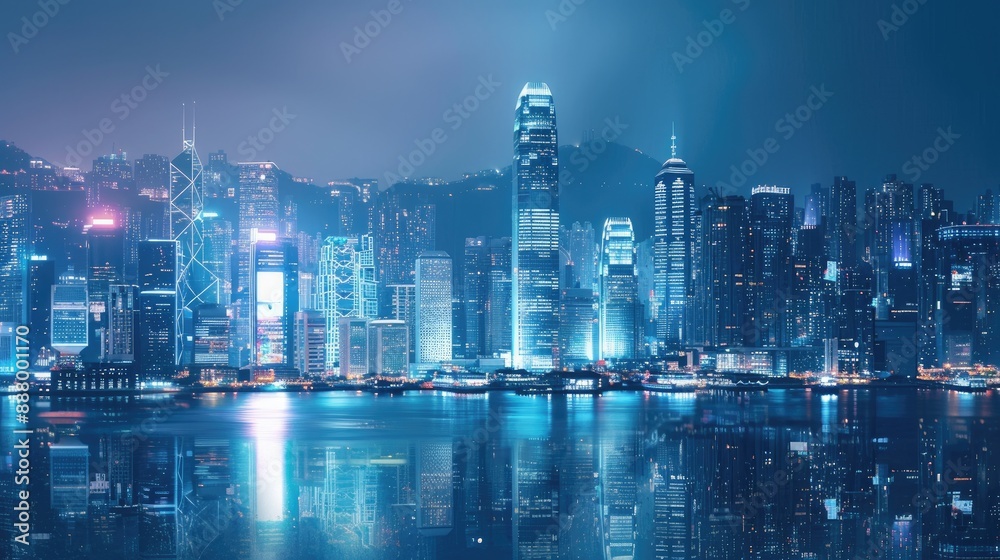 Fototapeta premium A cityscape at night, with buildings illuminated by smart lighting systems.