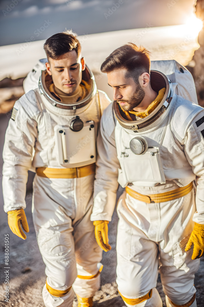 Fototapeta premium An LGBTQ astronaut couple travels together on a planet