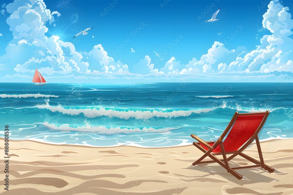 Serene Beach Scene with Red Deck Chair and Sailboat Serene Beach Scene with Red Deck Chair and Sailboat