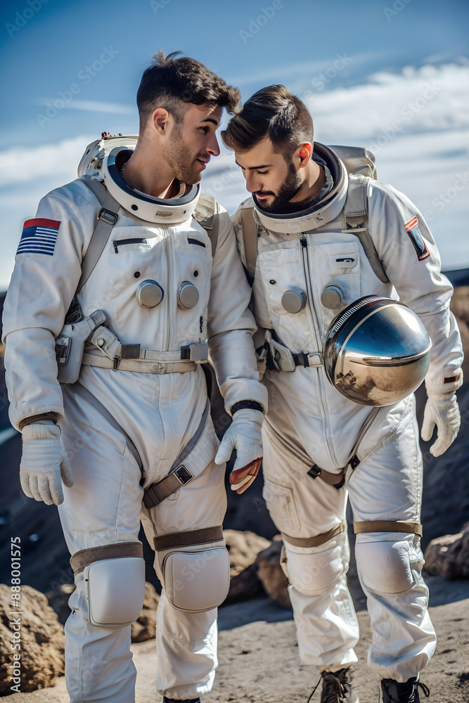 Fototapeta premium An LGBTQ astronaut couple travels together on a planet