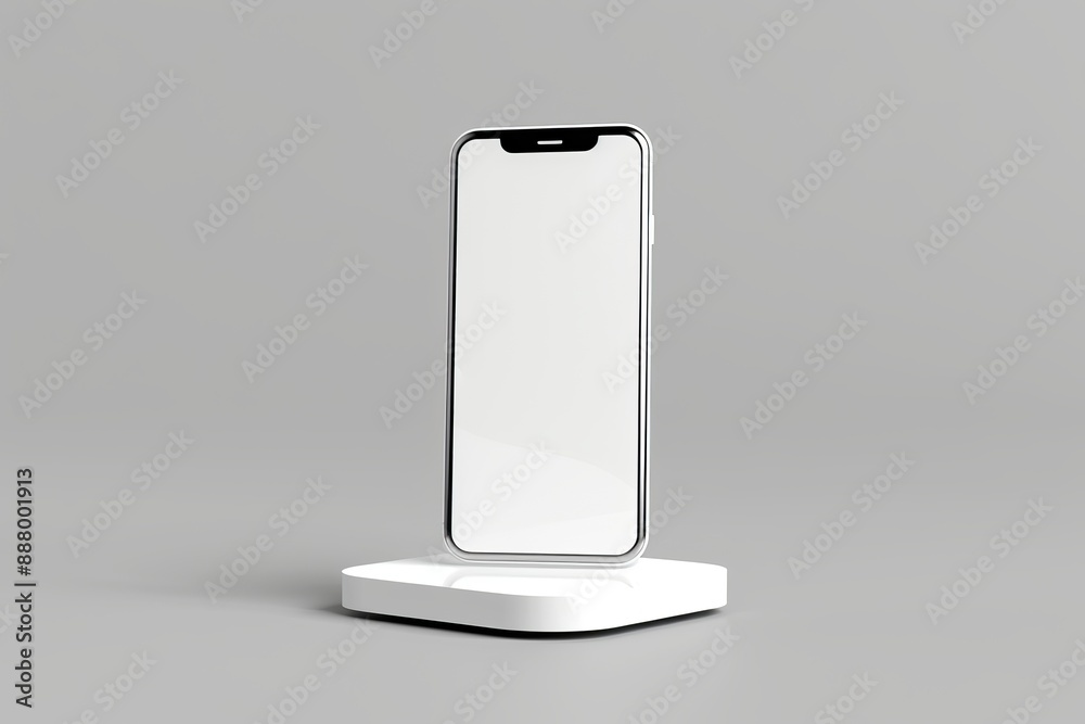 Smartphone with white screen on a bright stand, emphasizing presentation and mockup. 3D illustration Smartphone with white screen on a bright stand, emphasizing presentation and mockup. 3D illustration